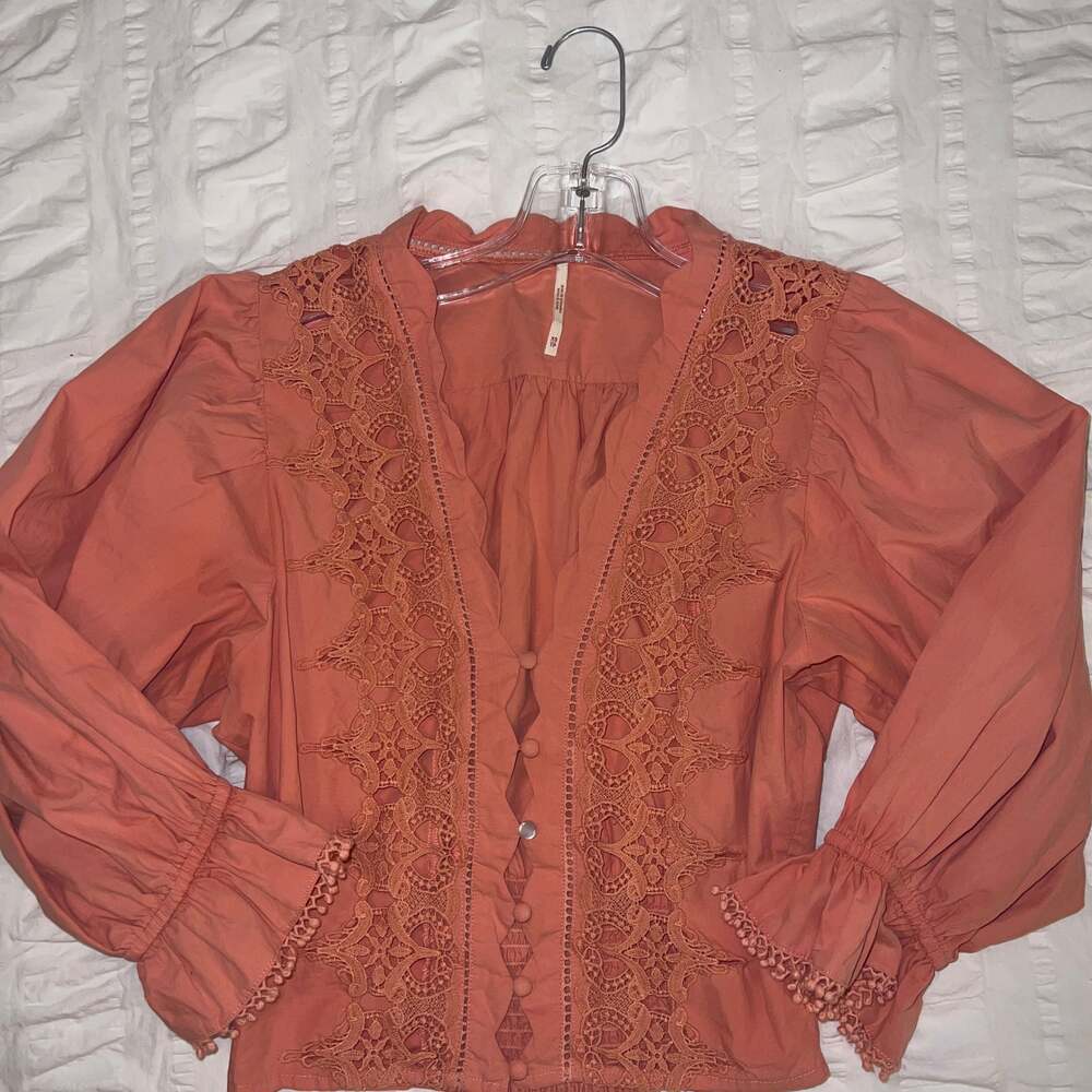 Free People Louella Embroidered Puff Sleeve Top in Savannah Red